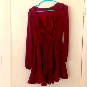 Express burgundy silky long sleeve ruffle dress
